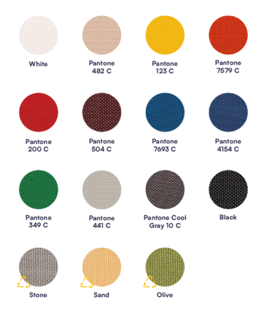 Colour palette with all Ecotent® fabric colours: white, ecru, yellow, orange, red, bordeaux, light blue, dark blue, green, light grey, dark grey and black, , as well as stone, sand and olive.