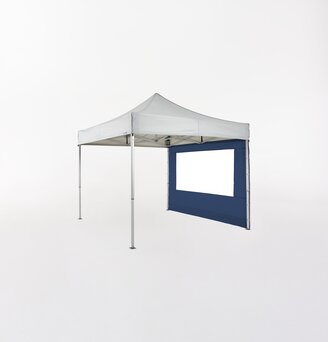 Gazebo pieghevole grigio chiaro 3x3 m con parete laterale blu scuro con finestra.