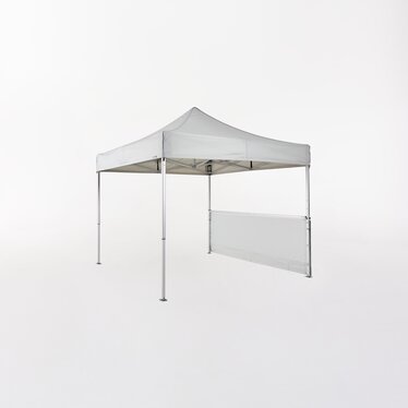 Light grey folding pavilion 3x3 m with light grey half-height side wall.